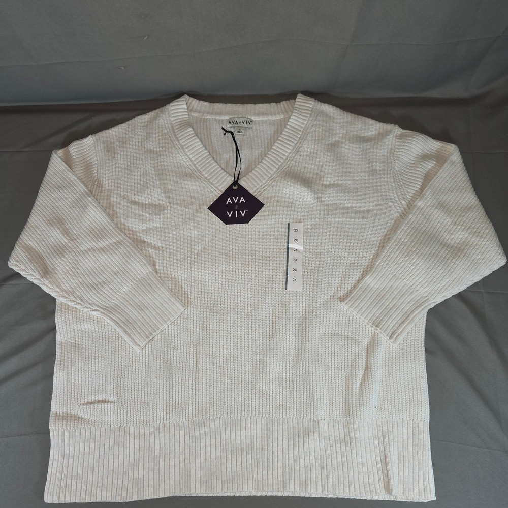 Ava & Viv Womens 2X Oatmeal Ribbed V-Neck Sweater Cream Pullover NEW